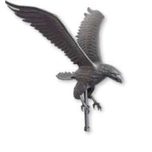 Black bird sculpture with outstretched wings.