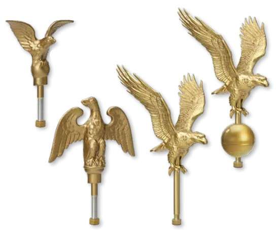 Gold eagle flagpole toppers, various designs and poses.