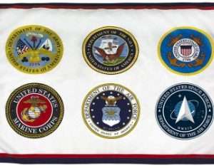 U.S. military branches emblems on white flag.