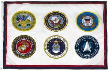 U.S. military branches emblems on white flag.