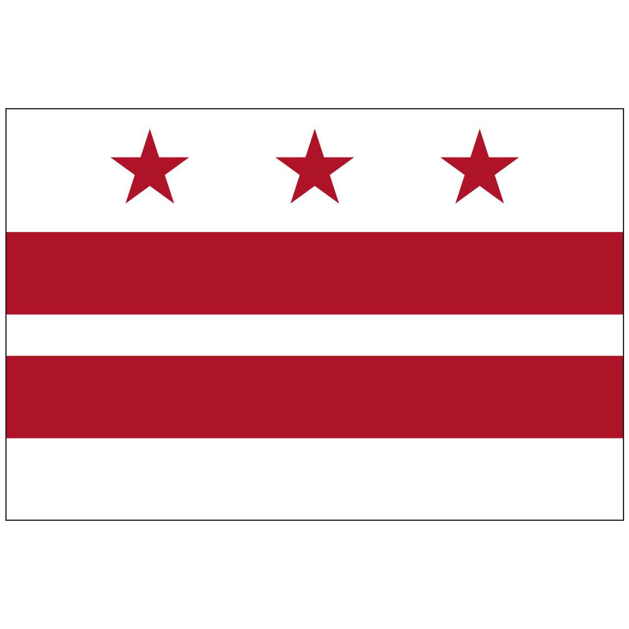 Washington DC flag with three red stars, stripes.