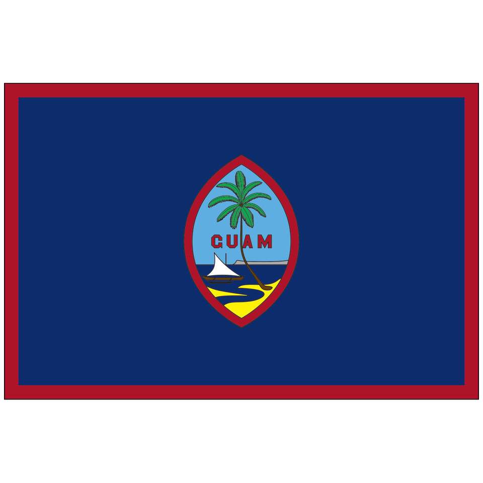 Guam flag with red border, blue field, and seal.