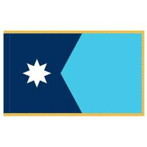 Blue flag, white star, gold fringe, geometric design.