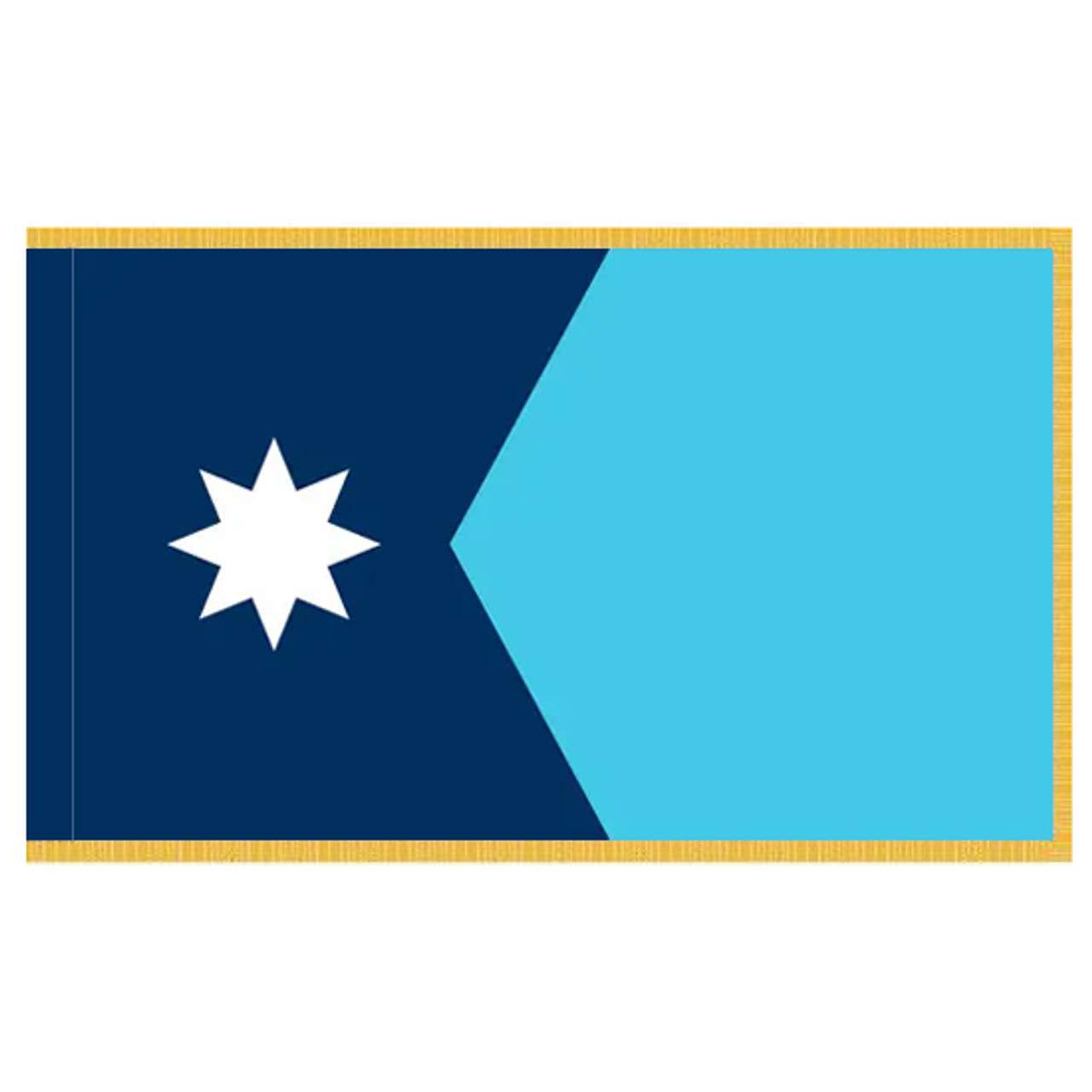 Blue flag, white star, gold fringe, geometric design.