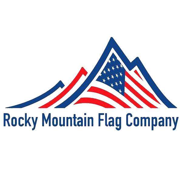 Logo of Rocky Mountain Flag Company with mountains.