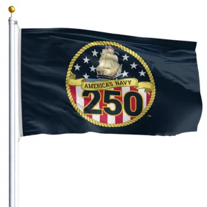 America's Navy 250th anniversary flag with ship logo.