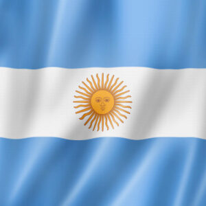 Argentinian flag with sun emblem on blue and white