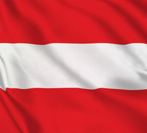 Waving Austrian flag with red and white stripes.