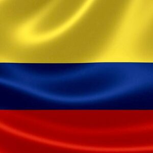 Flag of Colombia with yellow, blue, red stripes.