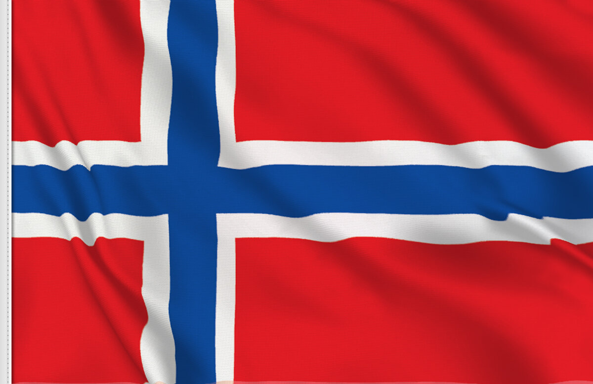 Norwegian flag with red, white, blue cross design.