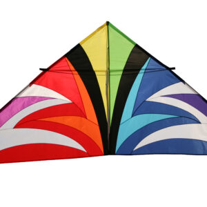 Colorful delta kite with rainbow pattern.