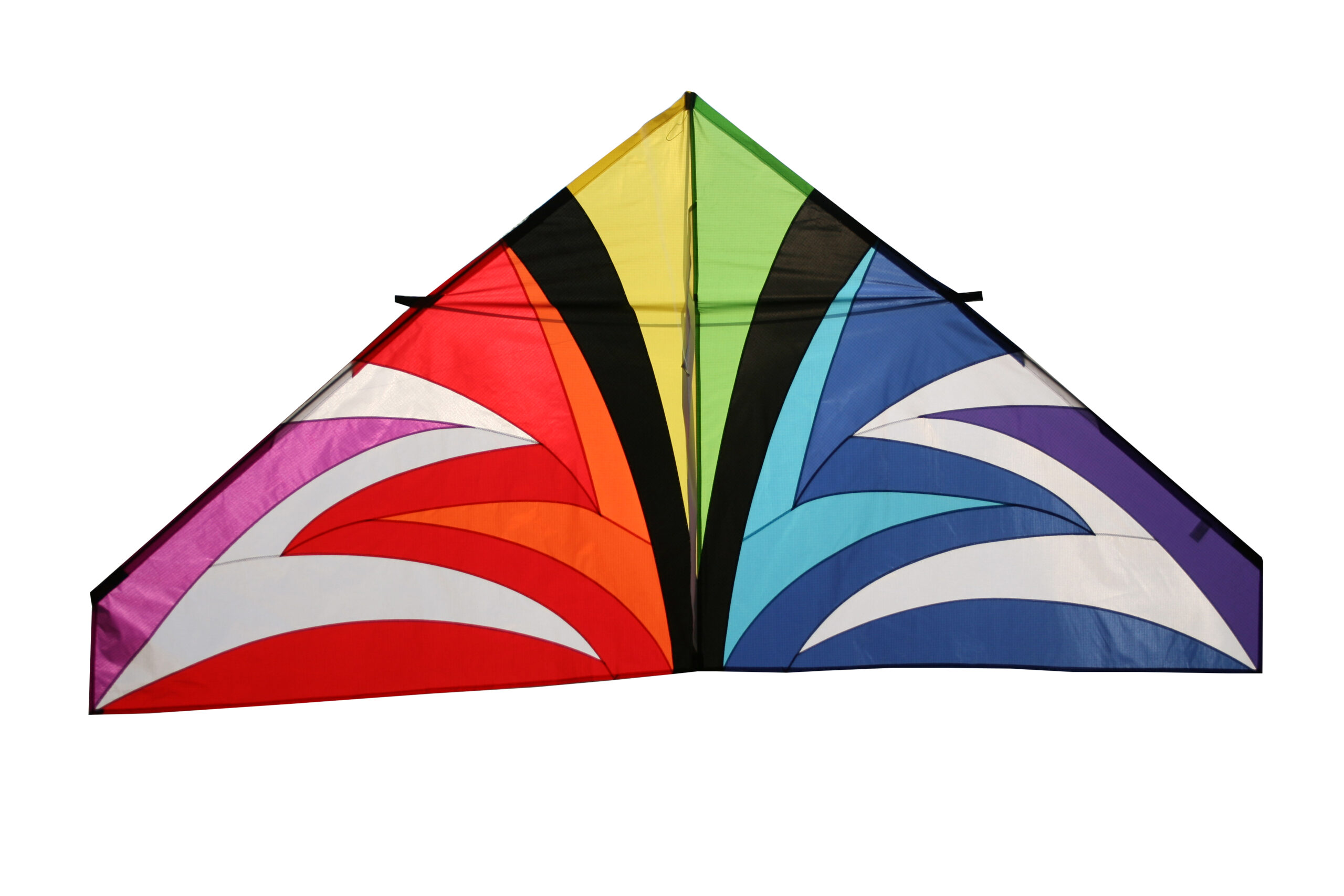 Colorful delta kite with rainbow pattern.