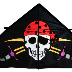 Pirate skull kite with red bandana, crossed swords.