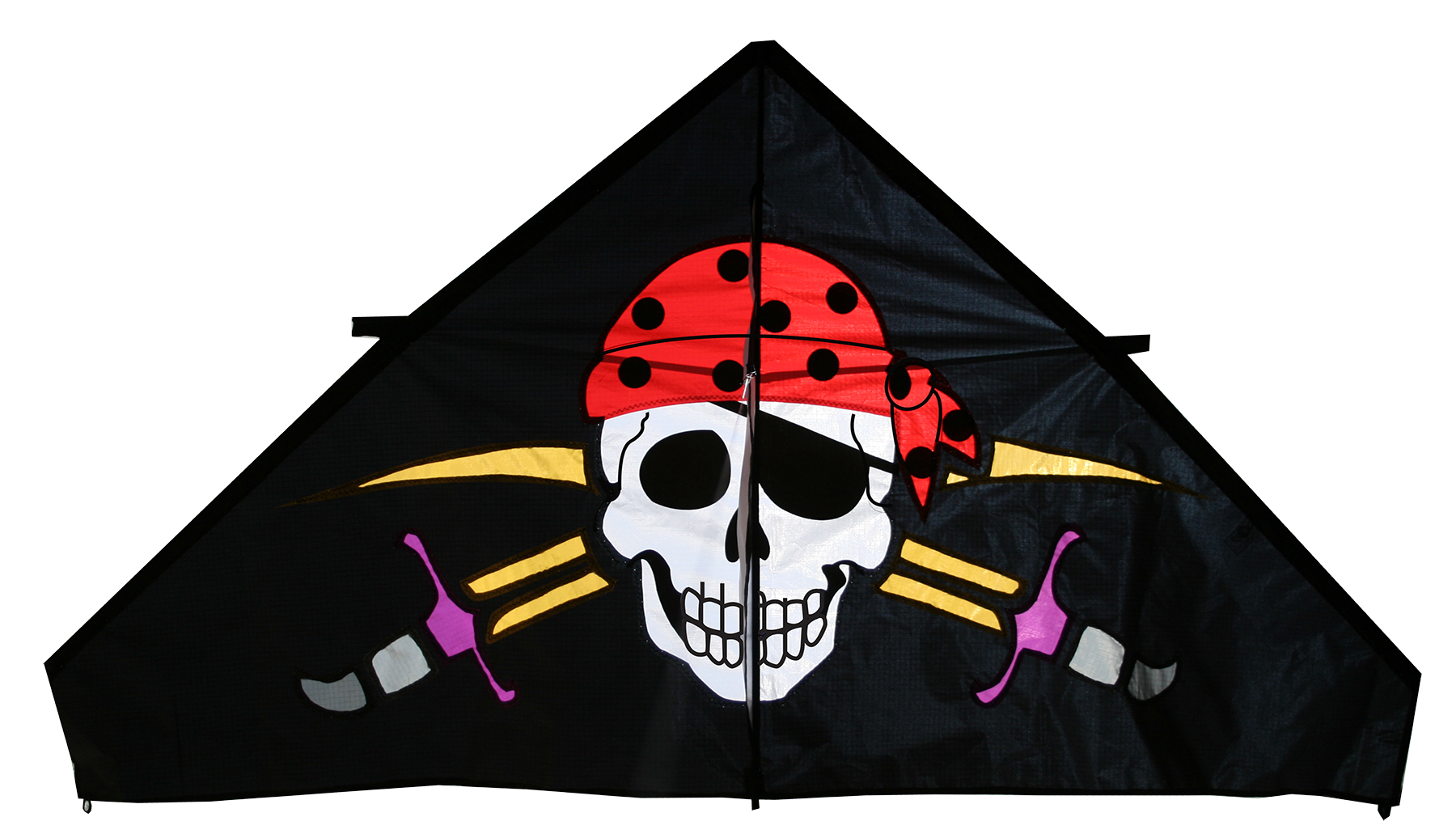 Pirate skull kite with red bandana, crossed swords.