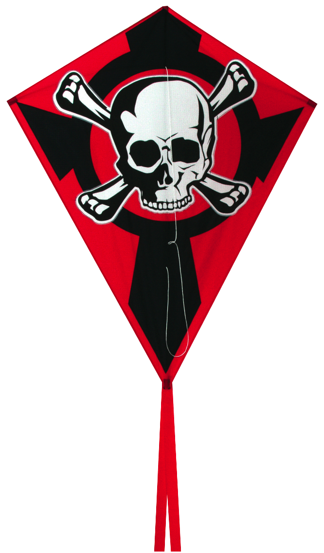 Red kite with skull and crossbones design.