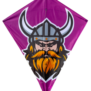 Viking-themed kite with purple background and orange beard.