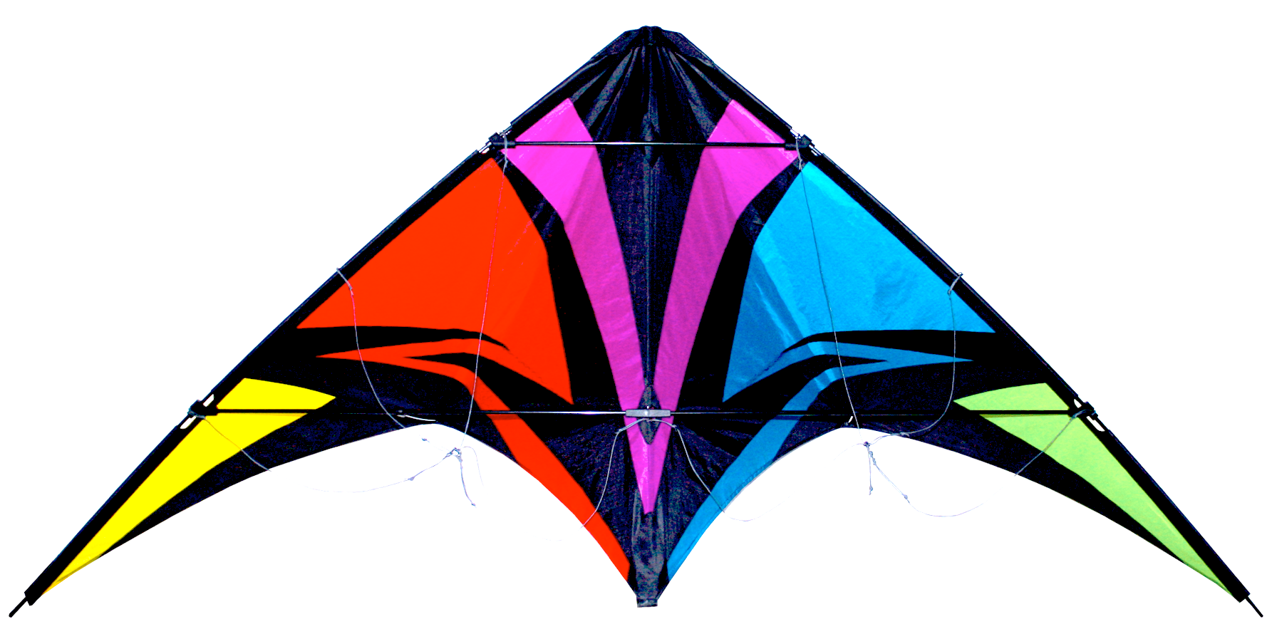 Colorful delta kite with geometric design.