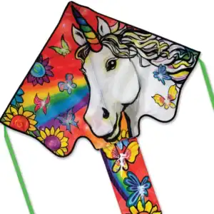 Colorful kite with unicorn, butterflies, and sunflowers.