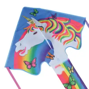 Colorful unicorn kite with butterflies and rainbow tail.