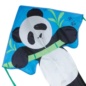 Panda-themed kite with blue background and bamboo.