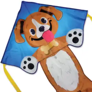 Cartoon dog kite with blue background and yellow tails.
