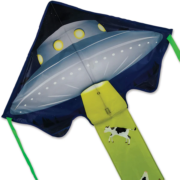 UFO kite with cow design, colorful and fun.