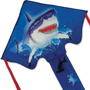 Shark-themed kite with red accents.