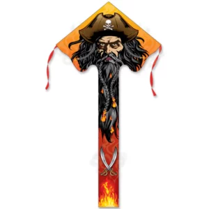 Pirate-themed kite with skull and flaming design.