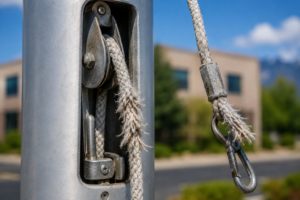 Frayed flagpole rope and metal pulley close-up