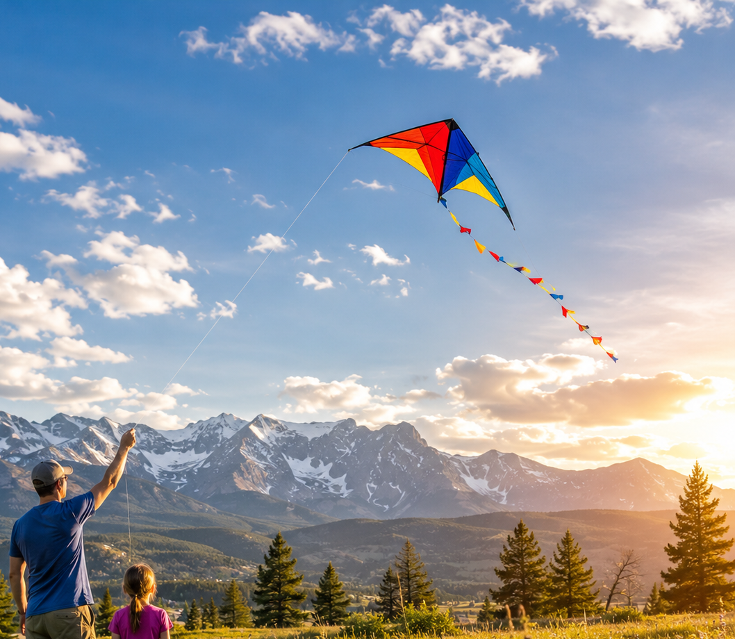 Father and daughter flying kite in mountains