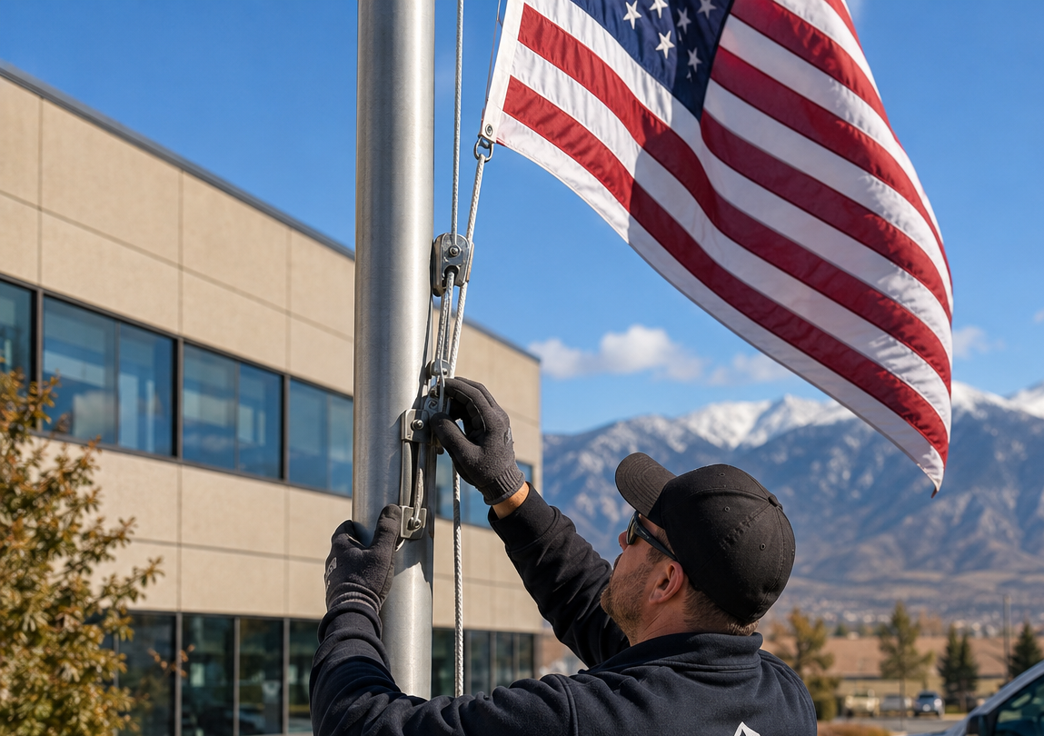 Man raising American flag on flagpole outdoors