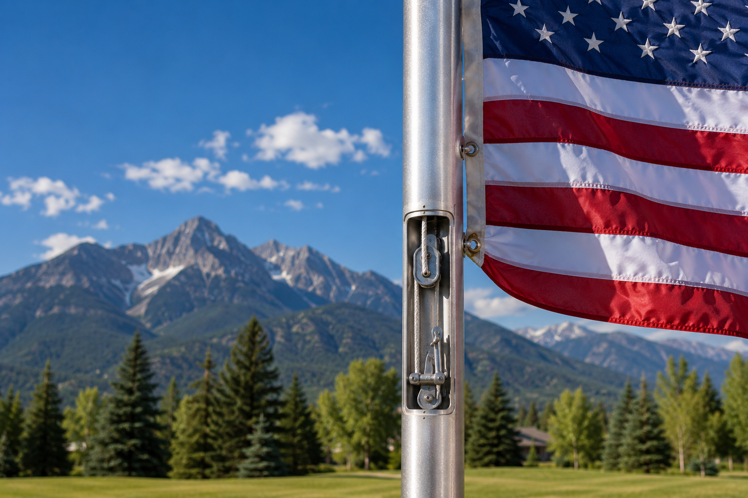 American flag on pole with mountains backdrop