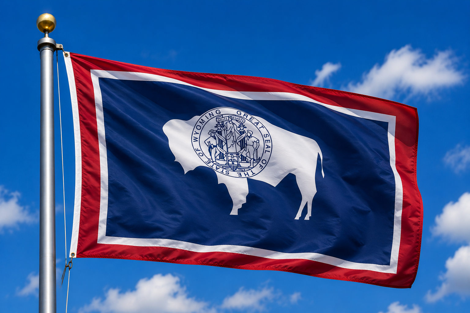 Wyoming state flag waving against blue sky