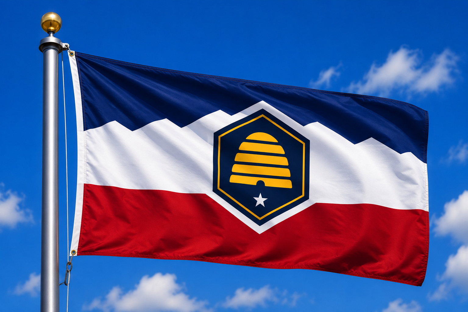 Blue, white, and red flag with beehive emblem