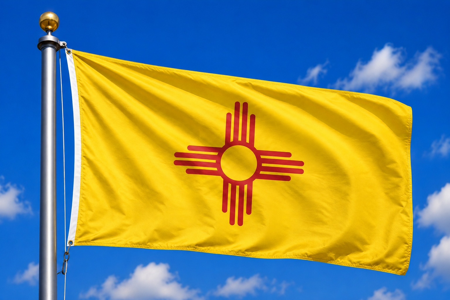 New Mexico state flag waving against blue sky