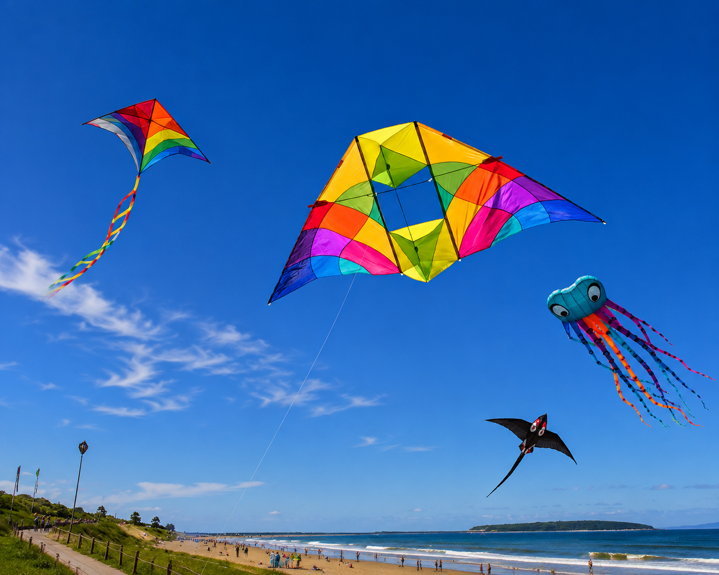 ChatGPT Image Jul 9, 2026, 05_30_36 PM Colorful kites flying over sunny beach shoreline
