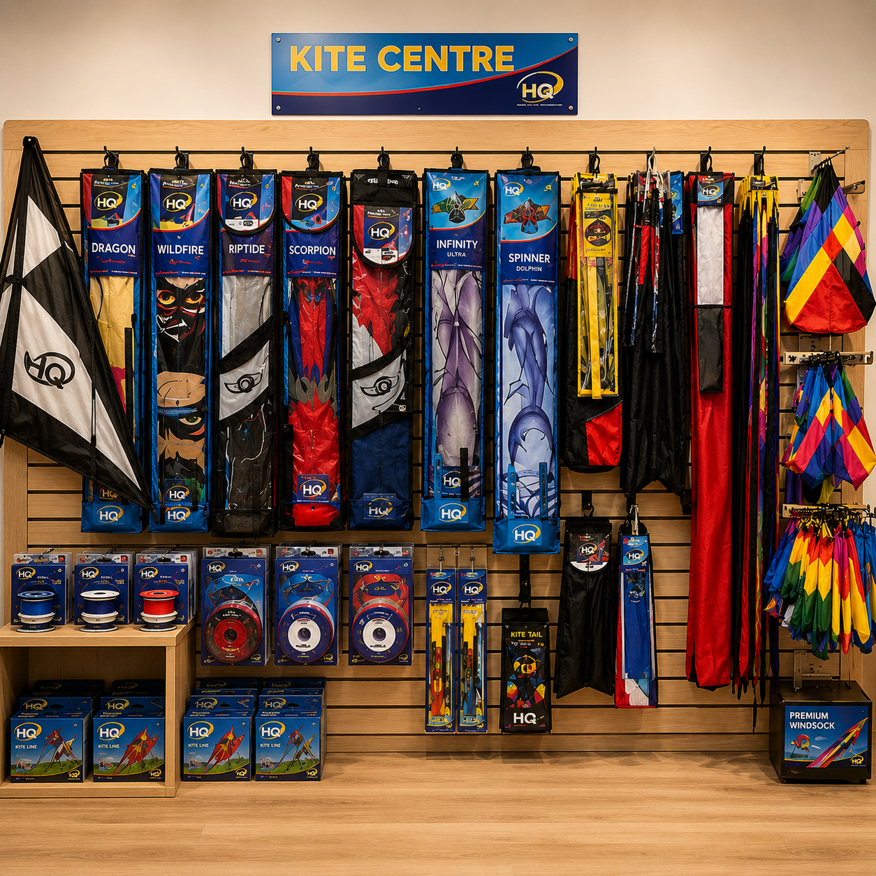 Kite Centre display wall with colorful kites