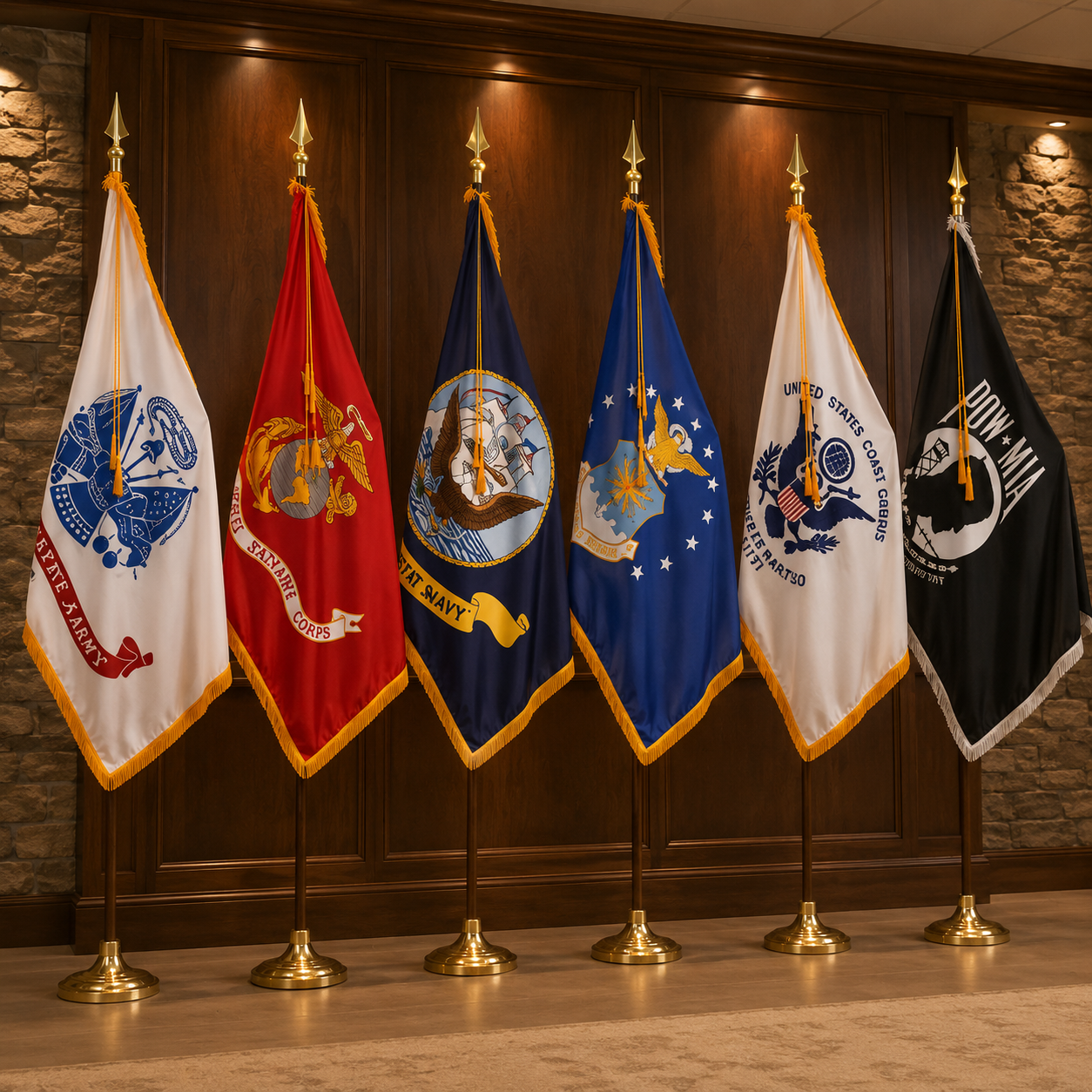mltry Six United States military service flags on display