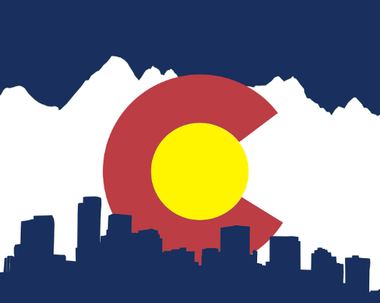 cocity Colorado flag over mountain and city skyline silhouette